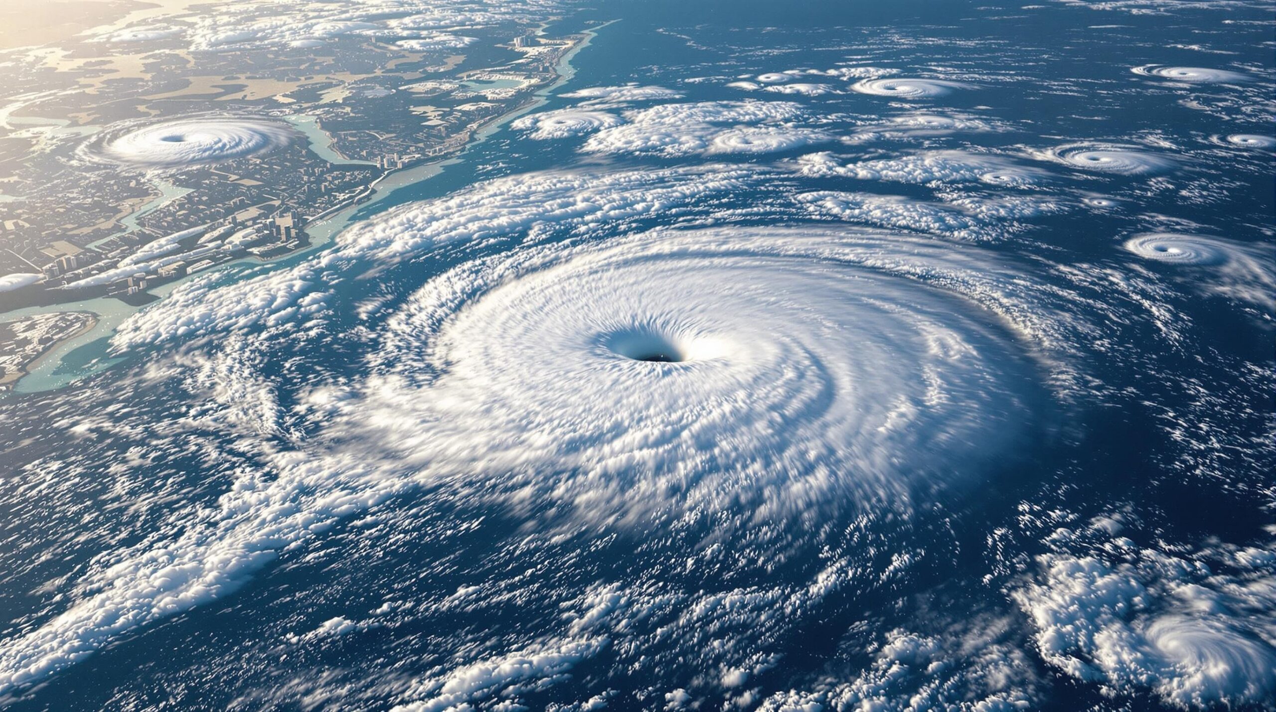 photorealistic aerial view of the Atlantic Ocean with a large, well-formed hurricane in the foreground